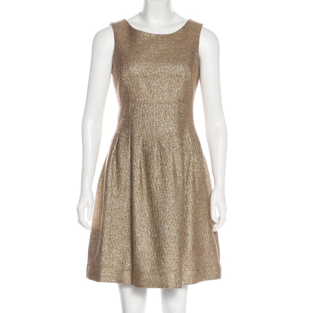 Lela Rose Metallic Dress 4 Small Gold Glitter Tan Sheath Sleeveless Silk Mini